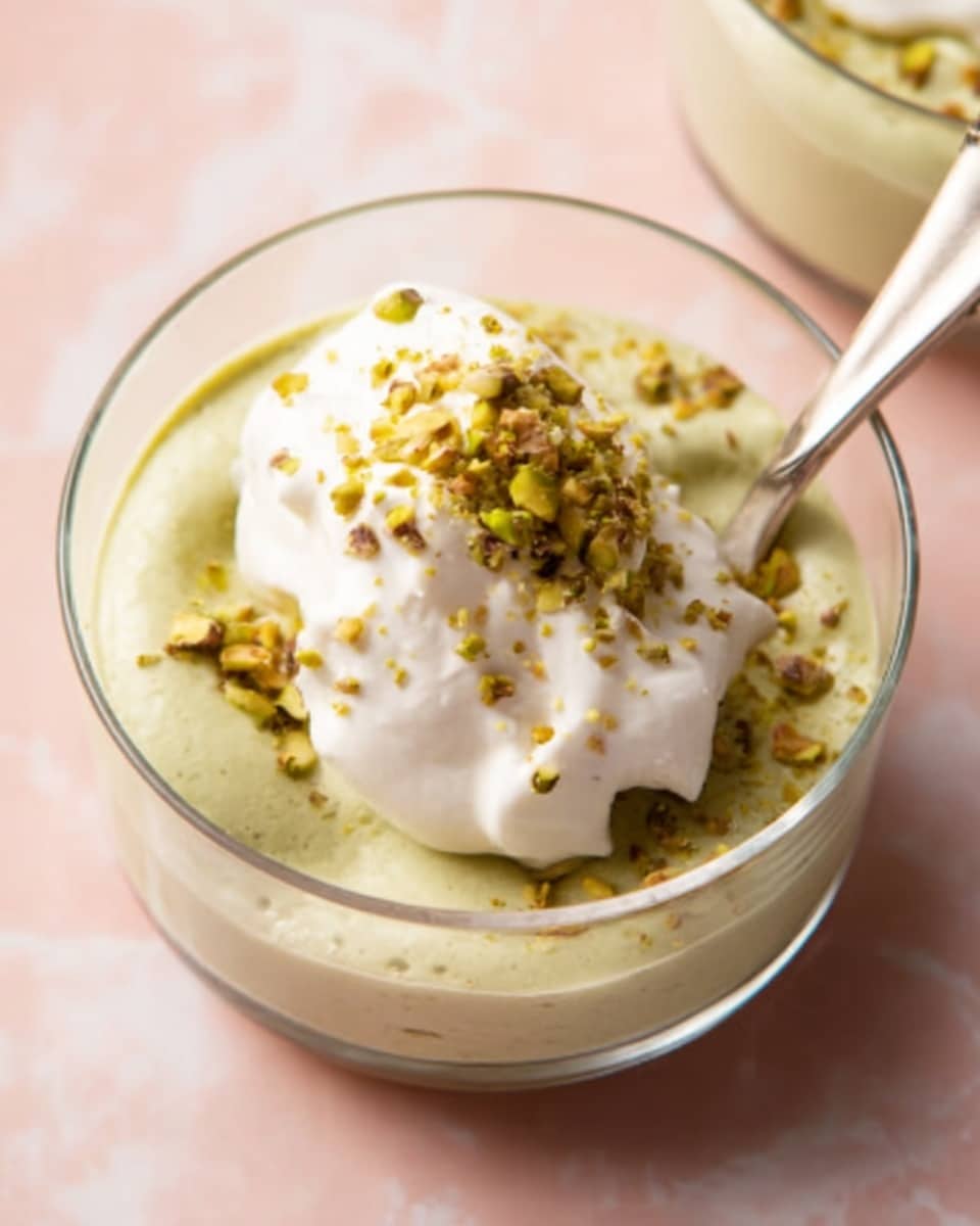 A clear glass bowl contains a thick, creamy greenish-yellow pudding as the first layer, with a smooth texture and small specks mixed in. On top, there is a dollop of white whipped cream covering the center, partially melting into the pudding layer below. Crushed green pistachio pieces are sprinkled over the whipped cream and pudding, adding a rough texture and color contrast. A silver spoon is placed inside the bowl, resting toward the right side. The bowl sits on a pale pink surface with a white marbled texture in the background. Photo taken with an iphone --ar 4:5 --v 7