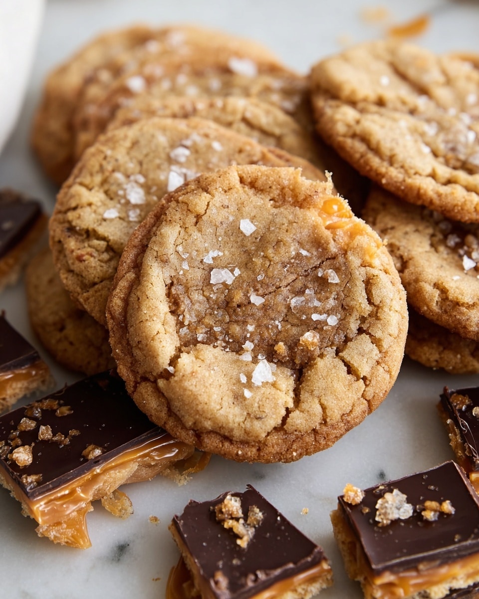 A close-up view of a stack of chewy cookies resting on a white marbled surface, each cookie showing a cracked, golden-brown texture with swirls of darker brown chocolate and a sprinkling of coarse salt on top. Surrounding the cookies are broken pieces of toffee bark layers, showing a crunchy light brown brittle layer topped with a glossy dark chocolate layer underneath. The background features a few scattered pieces of flat, light tan crackers, slightly blurred to bring focus to the rich textures of the cookies and toffee. photo taken with an iphone --ar 4:5 --v 7
