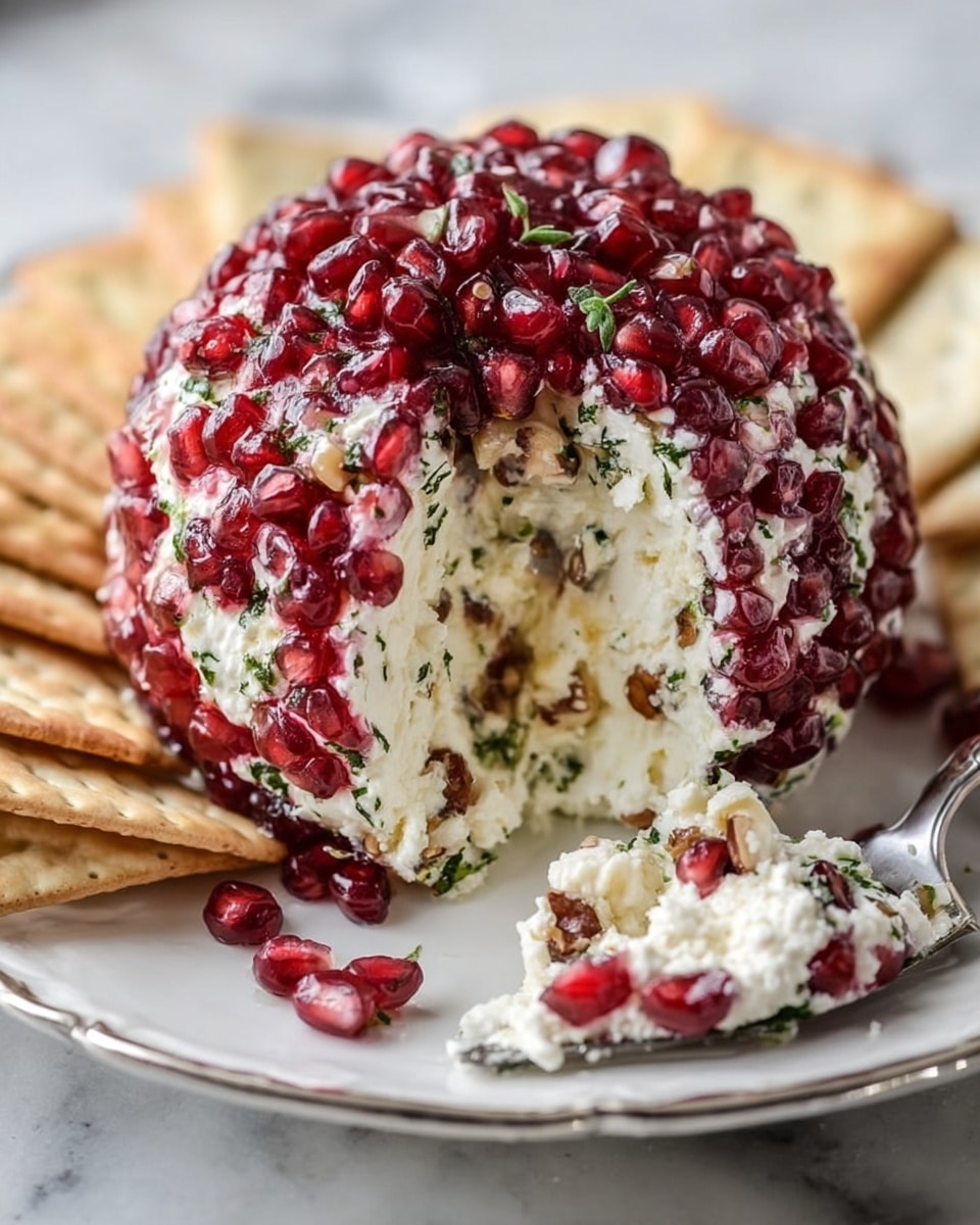 A round cheese ball covered fully with shiny, deep red pomegranate seeds forms the outer layer, with some loose seeds scattered on the white plate. The inside shows a thick, creamy white cheese filling with bits of green herbs and small brown nuts visible, giving it a textured look. A slice of the cheese ball rests on the plate, showing the inside clearly, and a silver cheese knife with some cheese on it lies on the side. Behind the plate, there are round crackers slightly blurred on a white marbled surface. Photo taken with an iphone --ar 4:5 --v 7