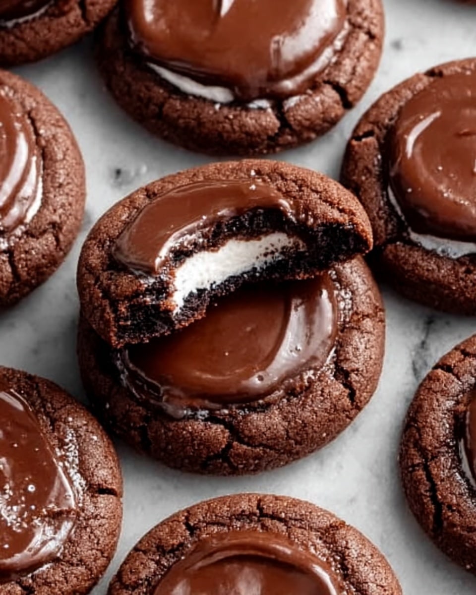 The image shows several soft-looking, dark brown chocolate cookies arranged on a wire cooling rack placed on a white marbled surface. Each cookie has a smooth, shiny layer of thick milk chocolate spread on top. One cookie is broken open in the center of the image, revealing a gooey, white marshmallow center inside. The contrast between the dark cookie, the glossy milk chocolate topping, and the white marshmallow center creates a rich, appetizing look. The overall setting highlights the cookies clearly with natural lighting. Photo taken with an iphone --ar 4:5 --v 7