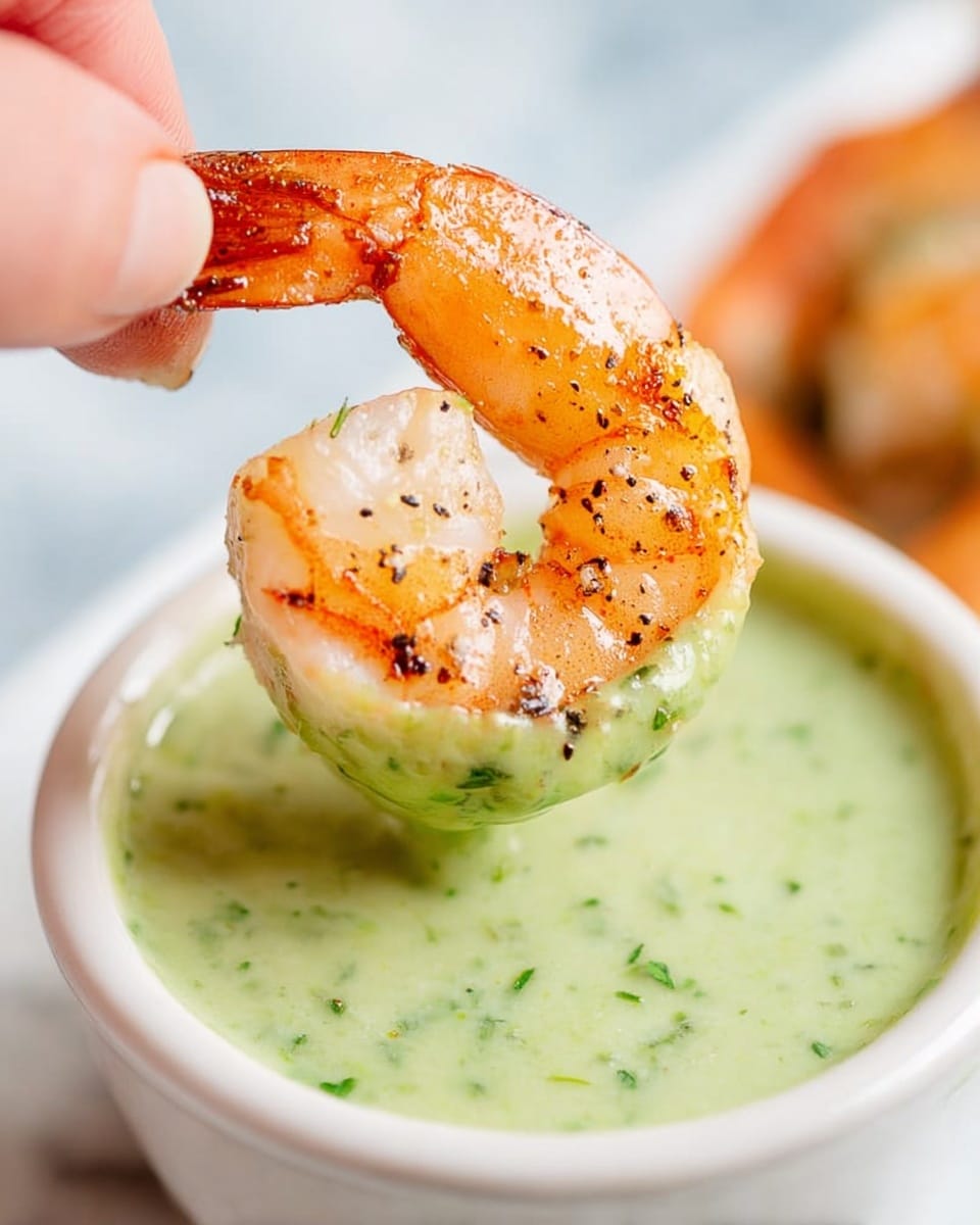 A cooked shrimp with orange and light pink colors, showing some charred black spots, is held by a woman's hand above a small white bowl filled with a smooth, pale green sauce with fine green specks. The shrimp is curved and glistening, partly dipped into the sauce. The background is a white marbled texture. photo taken with an iphone --ar 4:5 --v 7
