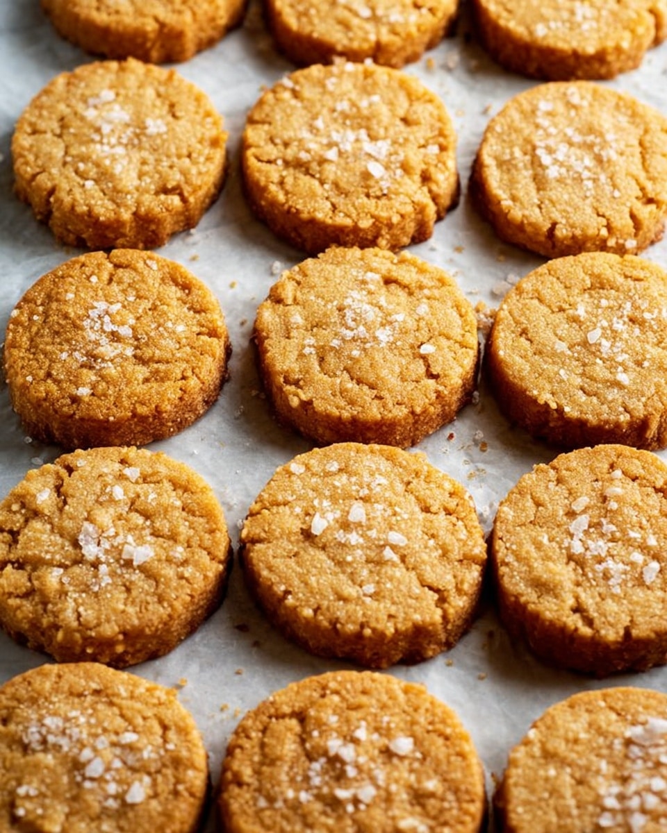 The image shows many round cookies arranged in rows on a sheet of parchment paper over a baking tray. Each cookie has a golden brown color with a slightly crumbly texture and rough edges. The tops are lightly sprinkled with coarse salt flakes, which add a slightly white contrast against the warm cookie surface. The cookies are thick, about two layers deep, with a rough but firm outside and a soft middle. The background is a white marbled texture. photo taken with an iphone --ar 4:5 --v 7