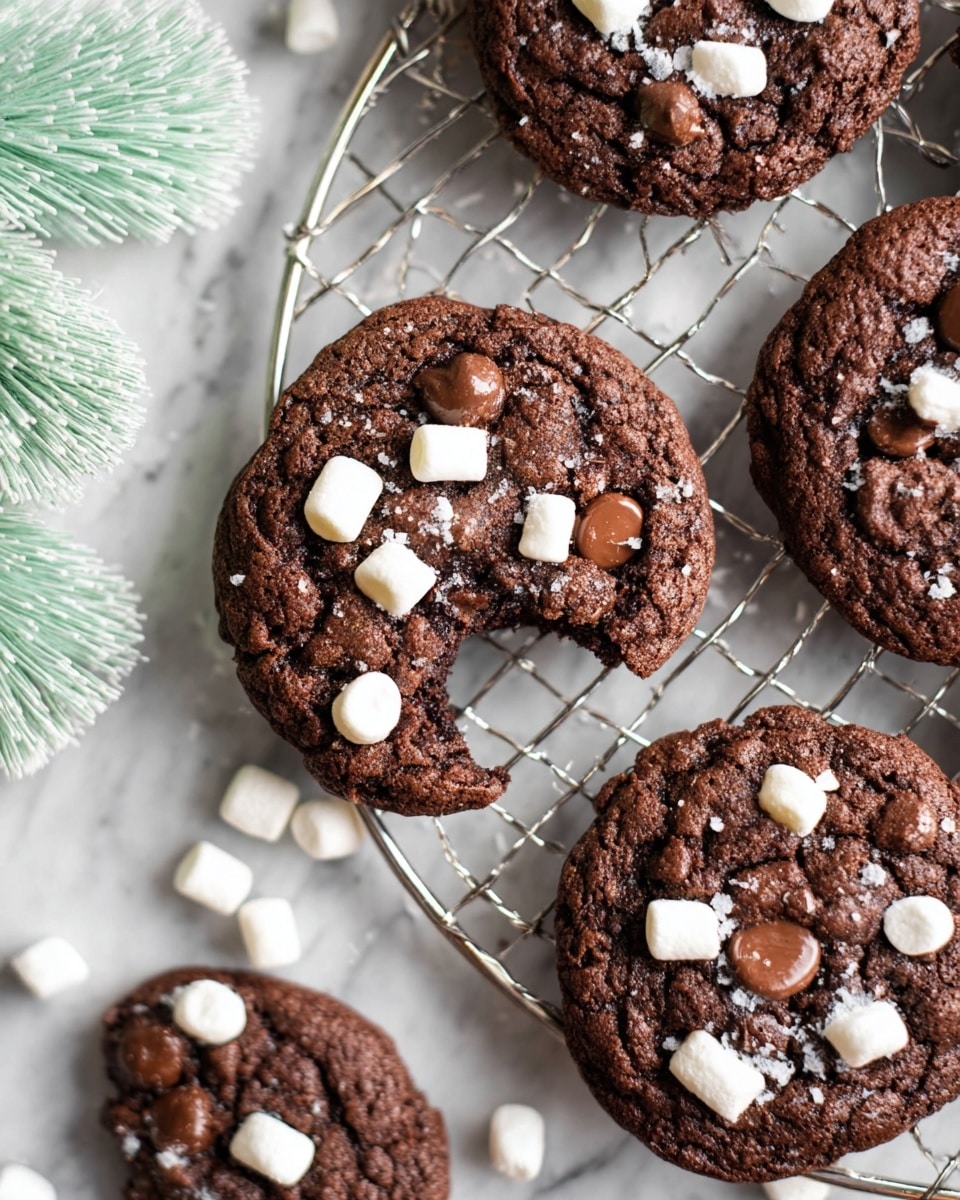 A group of soft, thick chocolate cookies with rich, dark brown color are spread on a metal cooling rack over a white marbled surface. Each cookie has small, white mini marshmallows and smooth, shiny chocolate chips scattered on top, creating a contrast of white and dark brown spots. One cookie is broken showing a gooey inside, and some mini marshmallows and chocolate chips are scattered on the surface around the cookies. The image has a cozy, fresh-baked feel with close-up detail on the texture. Photo taken with an iphone --ar 4:5 --v 7