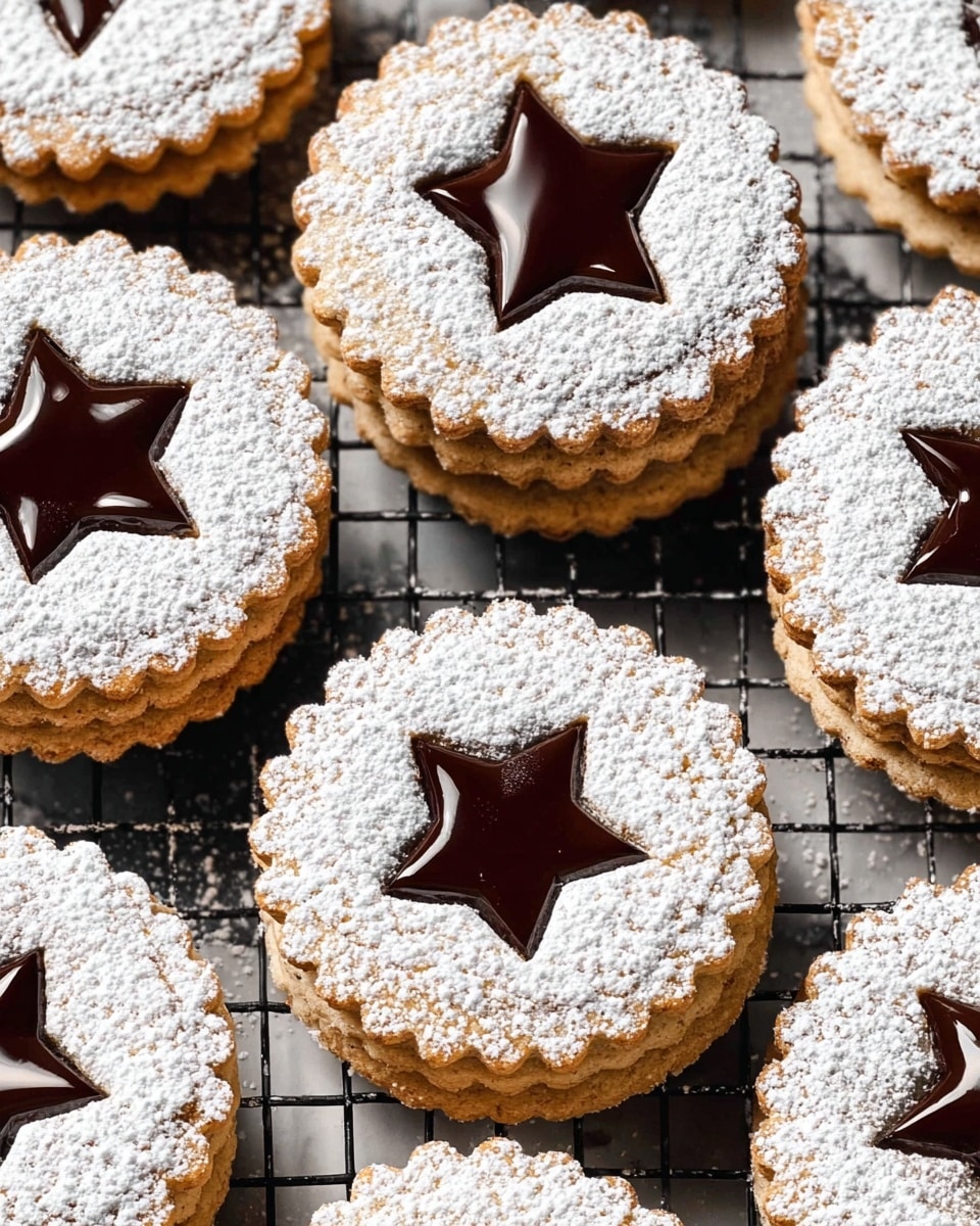 The image shows several round cookies with scalloped edges, each consisting of two light brown biscuit layers dusted thickly with white powdered sugar. The top biscuit layer has a star-shaped cutout in the center, revealing a glossy, dark chocolate filling visible through the hole. The cookies are arranged closely together on a black round cooling rack, placed on a white marbled textured surface. photo taken with an iphone --ar 4:5 --v 7
