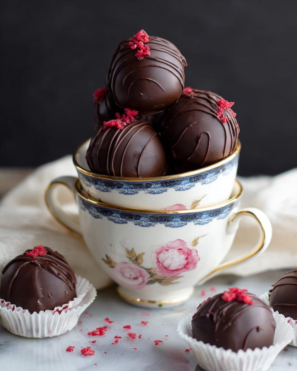 A white teacup decorated with blue, green, and pink floral patterns is filled with five round dark chocolate truffles. Each truffle is glossy with thin dark chocolate drizzle on top and small pieces of red sprinkle scattered over. The teacup is placed on another matching white teacup on a white marbled surface, with a light-colored fabric nearby. Additional truffles in white paper liners are partly visible on the same surface. Photo taken with an iphone --ar 4:5 --v 7