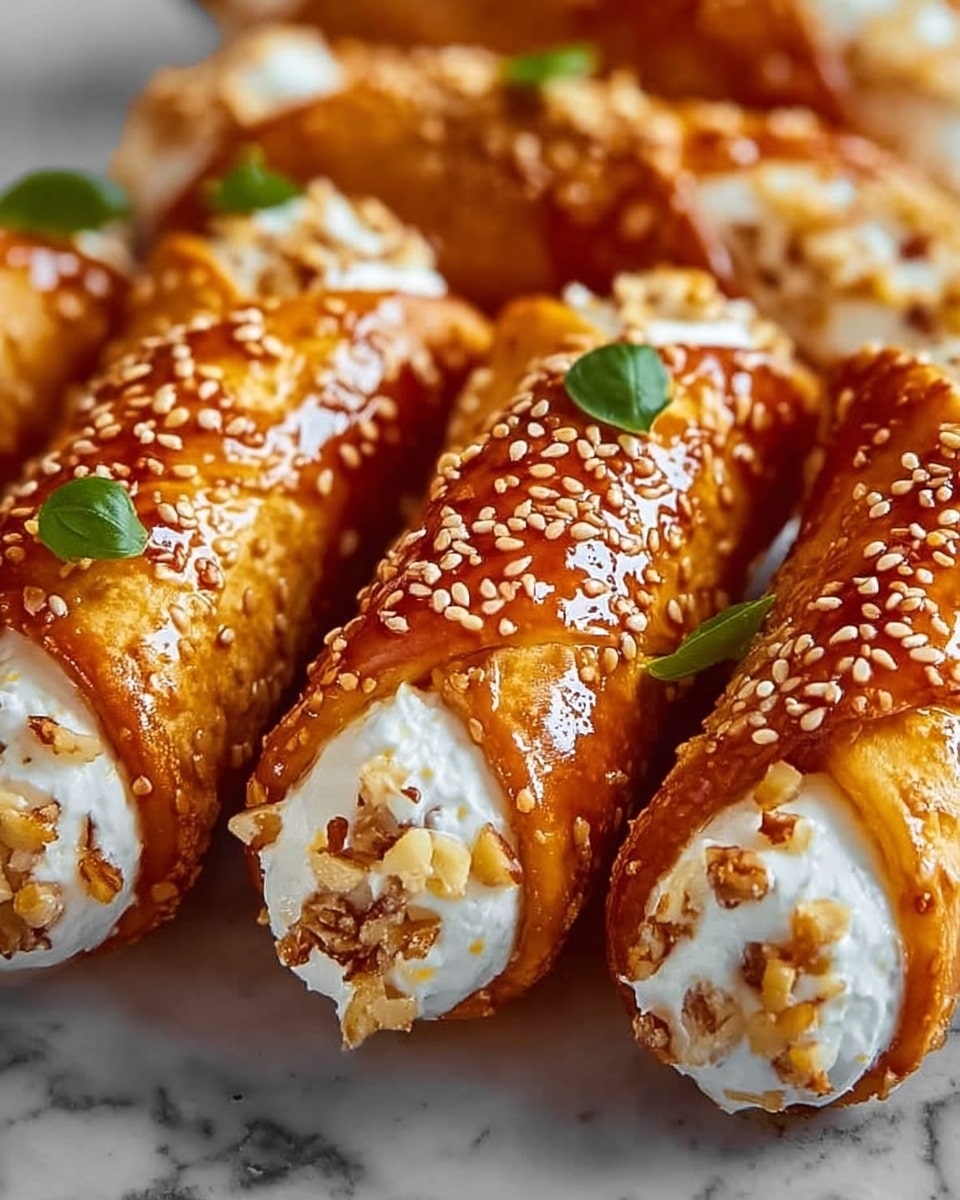 The image shows several golden-yellow stuffed rolls arranged closely together on a white marbled surface. Each roll has two layers: an outer translucent, glossy layer with a slightly sticky texture, sprinkled evenly with sesame seeds and small green herb pieces, and a thick inner filling made of white creamy cheese surrounding a coarser, brown nutty or grainy center. The rolls glisten with a light drizzle of honey or syrup that adds shine and small red flakes for a touch of color and spice. Photo taken with an iphone --ar 4:5 --v 7