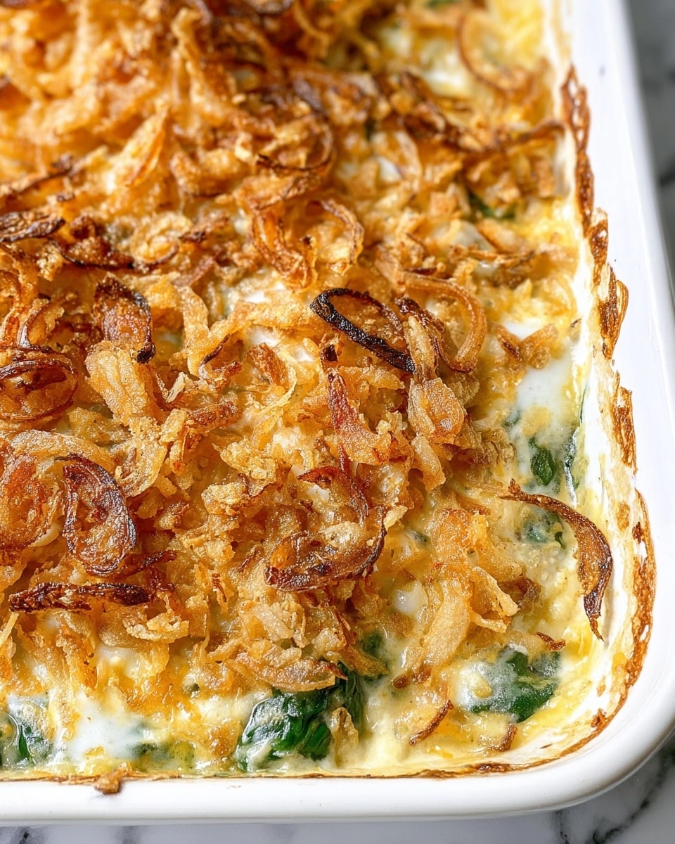 A close-up view of a baked casserole in a white dish, showing a top layer of crispy, golden-brown fried onions with varied textures, some crunchy and some slightly softer. Underneath, a creamy, light yellow layer hints at a thick cheese or sauce that peeks through in spots. There are also some green leafy bits visible underneath the creamy layer near the edges, adding a pop of color. The casserole edges show slight browning and bubbling from baking. The whole dish sits on a white marbled texture background. Photo taken with an iphone --ar 4:5 --v 7