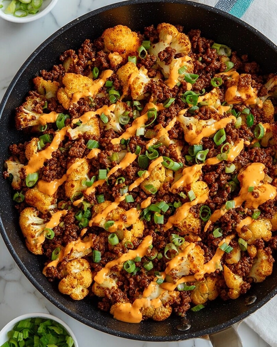 A close-up view of a black frying pan filled with a cooked cauliflower and ground meat mix. The dish has a base layer of small roasted cauliflower pieces that are golden and slightly charred, spread evenly across the pan. On top, there is a layer of browned ground meat scattered all over. Drizzled in a zigzag pattern on the dish is a bright orange sauce. Small bits of chopped fresh green onions are sprinkled over everything, adding pops of green color. The pan sits on a white marbled surface with small white bowls containing green ingredients blurred in the background. photo taken with an iphone --ar 4:5 --v 7