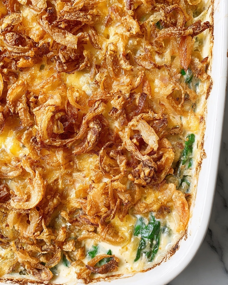 A close-up view of a baked casserole in a white rectangular dish, showing a thick top layer of golden brown crispy fried onions with varied textures, some curled and some flat. Beneath the onions, a creamy, slightly yellow sauce peeks through with hints of melted cheese and bits of bright green spinach leaves scattered unevenly near the edges. The creamy layer has a smooth texture with a slight shine, contrasting with the crunchy topping. The dish sits on a white marbled surface. Photo taken with an iphone --ar 4:5 --v 7