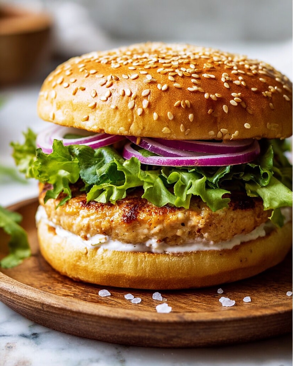 The image shows a close-up of a chicken burger with five visible layers. The top layer is a golden-brown sesame seed bun with a soft texture. Below it, there are thin, crisp rings of red onion with a slight shine. The third layer is a thick, juicy grilled chicken patty with a light char and moist flaky texture. Beneath the chicken, there is a fresh, bright green leafy lettuce layer that looks crisp and slightly ruffled. The bottom layer is another part of the bun, toasted to a light golden color with a bit of white sauce peeking out. The burger is placed on a white marbled surface, enhancing its fresh and tasty appearance. photo taken with an iphone --ar 4:5 --v 7