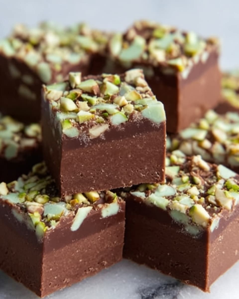 The image shows several square pieces of chocolate fudge stacked close together on a white marbled surface. Each piece has two layers: a thick, smooth bottom layer of rich dark brown chocolate, and a top layer covered with small chopped bits of light green mint candy and bits of brown chocolate sprinkled evenly across. The texture of the fudge looks creamy, and the candy pieces add a rough, crunchy look on top. The lighting highlights the shiny surface of the chocolate, making it look fresh and tasty. photo taken with an iphone --ar 4:5 --v 7