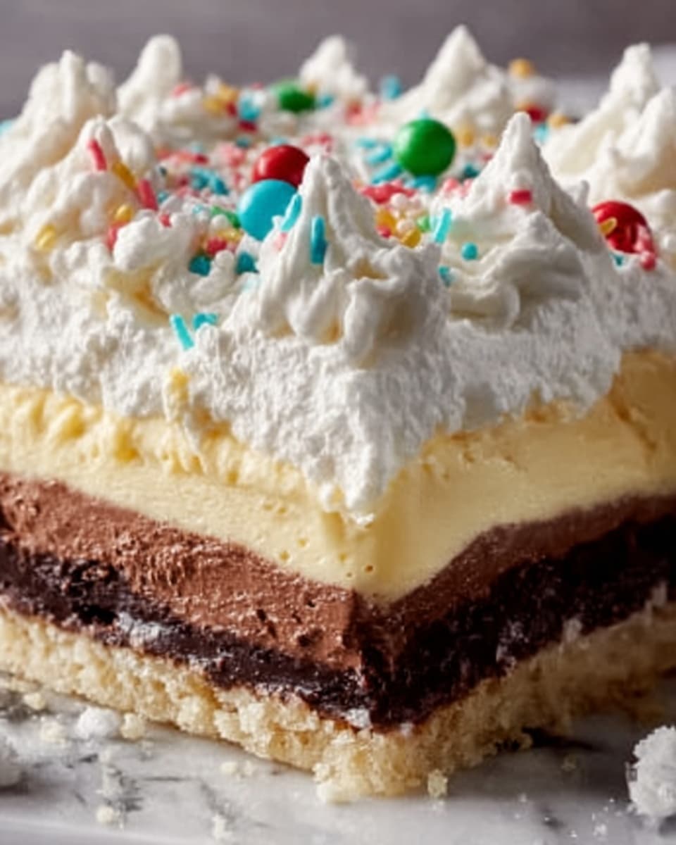 The image shows a close-up of a layered dessert on a white plate against a white marbled background. The dessert has four distinct layers: a crumbly yellow base, a smooth creamy yellow layer above it, followed by a thick, rich dark brown chocolate layer, and then a fluffy white whipped cream layer on top. The whipped cream is decorated with colorful round and sprinkle-shaped candy pieces, including red, green, and white. The texture of the whipped cream looks soft and airy, with a slightly uneven surface. Photo taken with an iphone --ar 4:5 --v 7