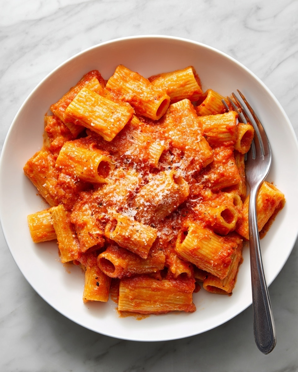 A close-up image of a white plate filled with rigatoni pasta covered in a thick, bright orange-red tomato sauce. The pasta pieces are arranged in layers, all evenly coated with the sauce, which has a smooth and slightly chunky texture. Some grated cheese is sprinkled on top, adding a light dusting of white over the pasta. A silver fork lies on the plate, partly inserted into the pasta, with a woman’s hand holding it from the side. The plate is set on a white marbled surface. photo taken with an iphone --ar 4:5 --v 7