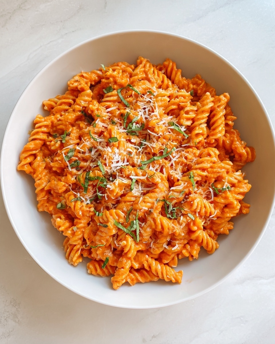 A white bowl filled with rotini pasta covered in a creamy, smooth orange tomato sauce. The sauce coats every piece of pasta, giving a glossy texture. On top, there is a sprinkle of grated white cheese scattered across the center, mixed with thin green basil strips that add a fresh touch. The bowl sits on a white marbled surface. photo taken with an iphone --ar 4:5 --v 7