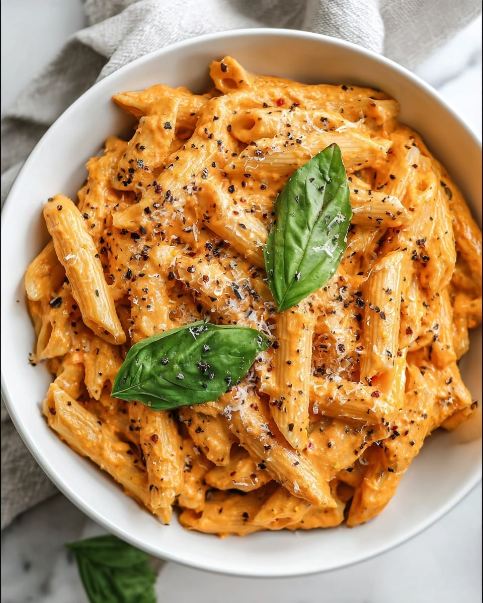 A white bowl filled with creamy orange pasta, each penne piece coated in a smooth sauce that looks rich and thick. On top, there are three fresh green basil leaves placed in different spots, adding a pop of color. The dish is sprinkled with white grated cheese and small black pepper bits scattered evenly across the pasta. The background shows a white marbled surface with a soft textured cloth on the side. photo taken with an iphone --ar 4:5 --v 7
