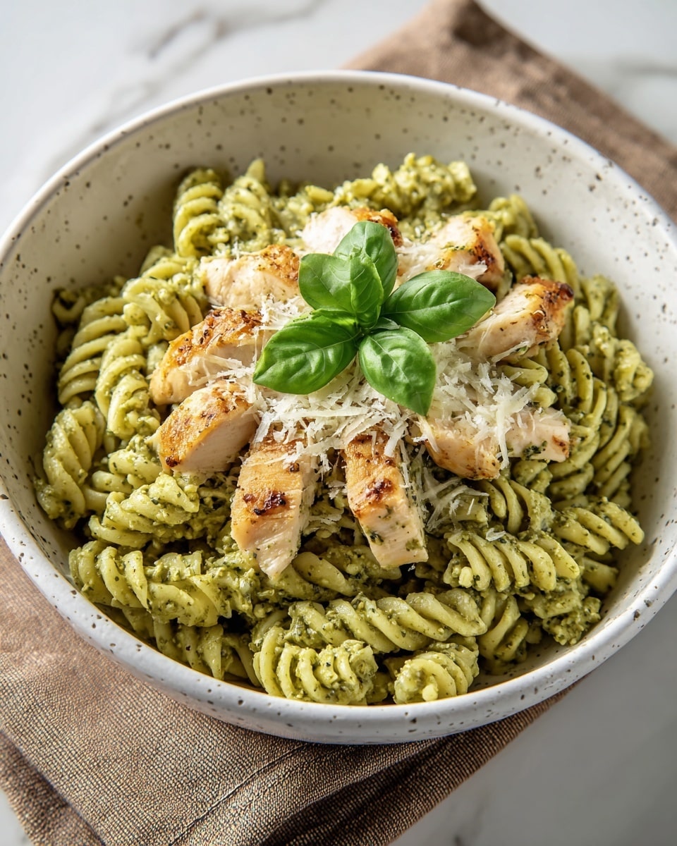 A white speckled bowl filled with spiral pasta coated in a green pesto sauce, mixed with light golden grilled chicken pieces spread evenly on top. The dish is garnished with a sprinkle of grated white cheese and three fresh green basil leaves placed centrally. The bowl rests on a beige cloth on a white marbled surface. photo taken with an iphone --ar 4:5 --v 7