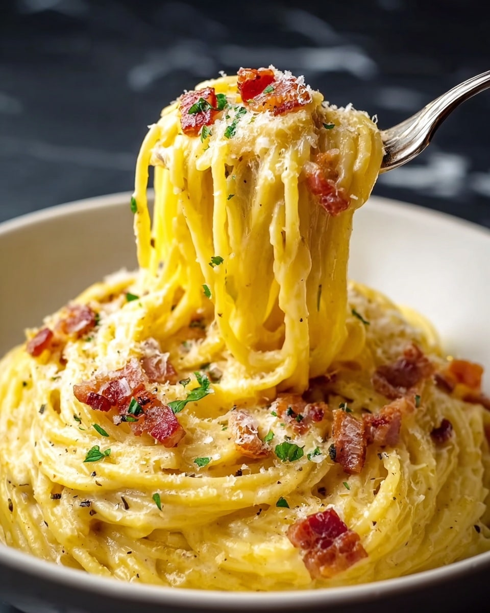 A close-up of creamy spaghetti carbonara held above a white bowl by a fork, showing thick, shiny yellow pasta strands covered in a smooth light yellow sauce. The pasta is topped with small crispy reddish-brown bacon pieces, fine grated white cheese, and a few green herb bits sprinkled on top. The dish is finished with a light dusting of black pepper. The background has a soft dark brown blur, and the surface beneath the bowl is a white marbled texture. photo taken with an iphone --ar 4:5 --v 7