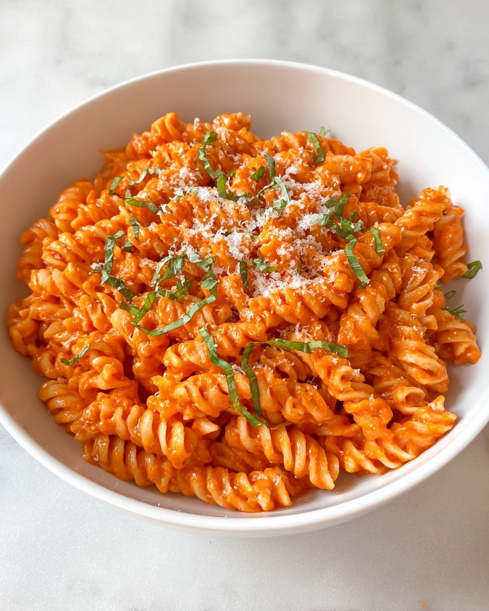 A white bowl filled with rotini pasta coated in a smooth, creamy orange tomato sauce. The pasta spirals are evenly covered with the rich sauce, giving a glossy texture. On top, there is a light sprinkle of grated white cheese and small pieces of fresh green basil leaves scattered throughout. The bowl is placed on a white marbled surface. photo taken with an iphone --ar 4:5 --v 7