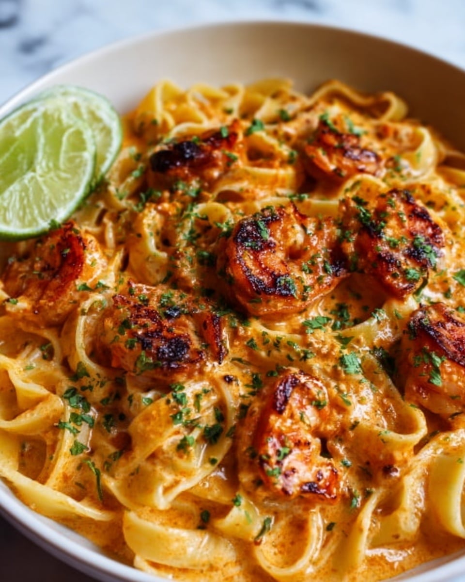 A close-up of a creamy pasta dish in a white bowl, featuring wide flat noodles coated in a rich orange sauce. On top are several pieces of golden-brown grilled chicken, sprinkled with finely chopped green herbs. A slice of lime rests near the edge of the bowl, adding a fresh touch. The sauce has a smooth texture with some visible specks of seasoning, and the noodles appear soft and slightly curled. The background is a white marbled surface. photo taken with an iphone --ar 4:5 --v 7