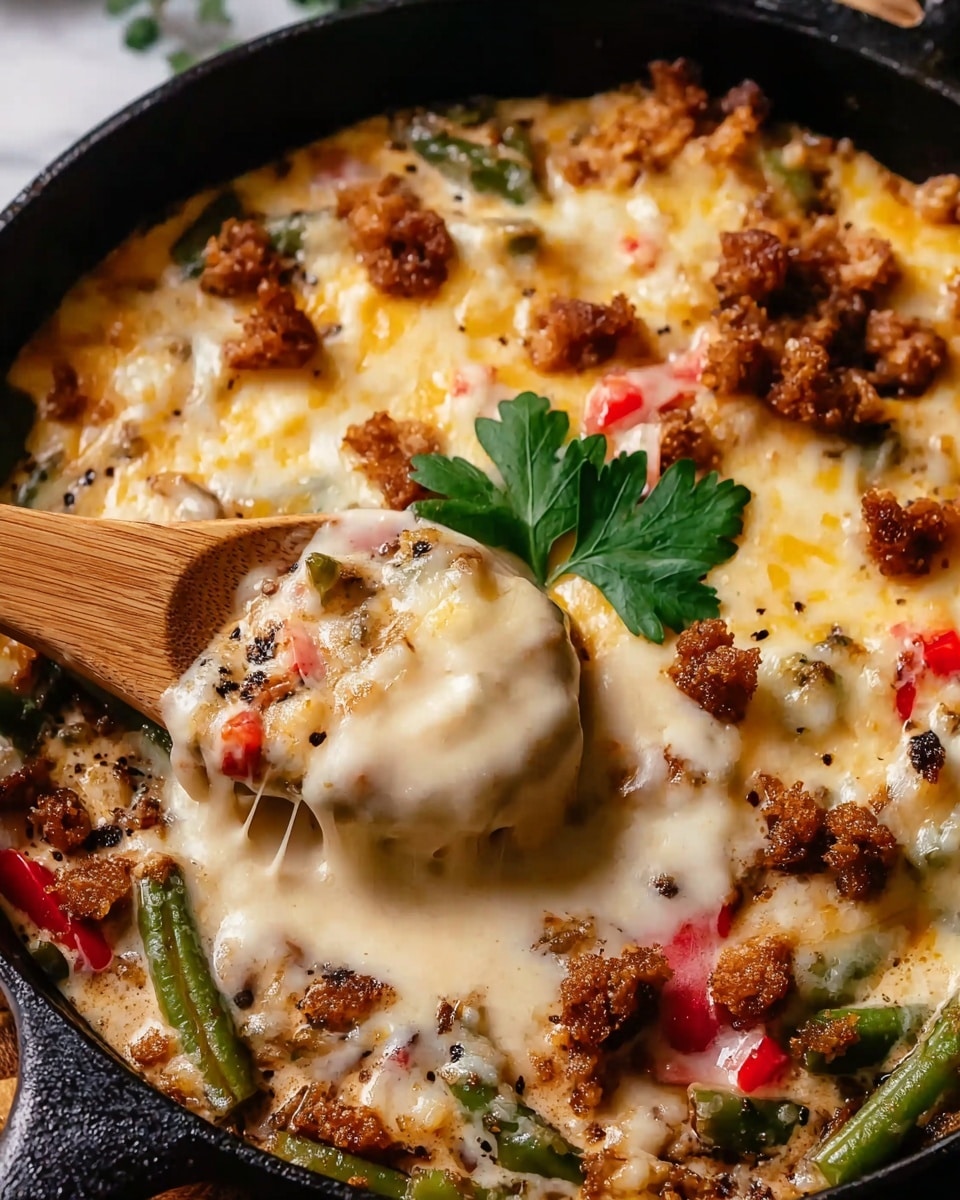 A close-up of a baked dish in a black skillet showing one thick top layer of melted creamy white cheese with a smooth texture and specks of black pepper, covering a mix of vegetables including green beans and red bell pepper slices beneath it. There are small pieces of crispy golden-brown breaded chicken scattered on top and some fresh green parsley leaves placed as garnish on the cheese layer. A wooden spoon is lifting a gooey cheese-covered portion, showing the layers beneath. The background is a white marbled texture. photo taken with an iphone --ar 4:5 --v 7