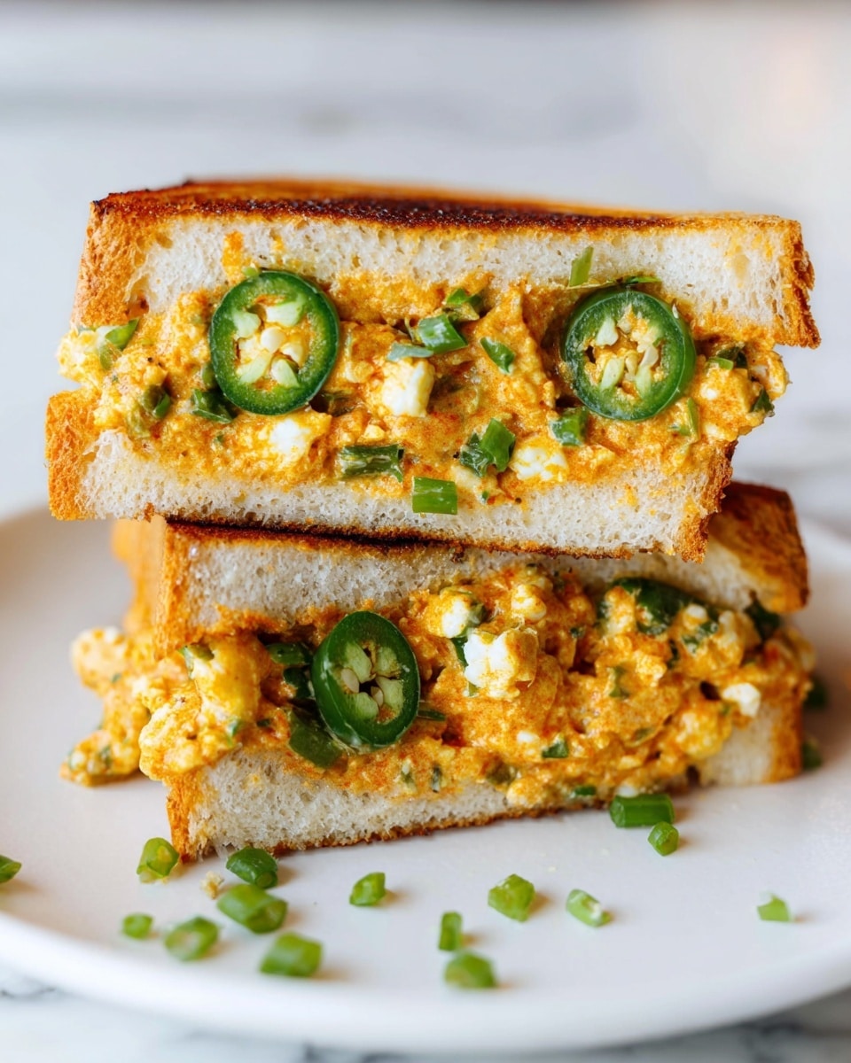 The image shows two triangular sandwich halves stacked on top of each other on a white plate, placed on a white marbled surface. The sandwich has three visible layers: the bottom and top layers are light brown toasted bread with a soft texture inside, and the thick middle layer is a mix of creamy orange spread with white chunks of chopped egg and green slices of fresh jalapeño, with small bits of green herbs sprinkled throughout. The orange spread appears slightly grilled or toasted on top, giving it a golden-brown crust in some spots. Photo taken with an iphone --ar 4:5 --v 7