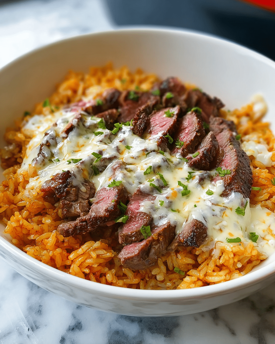 A bowl filled with two main layers: the bottom layer is vibrant orange rice with a slightly moist look, and the top layer is made of medium-cooked, thick slices of steak showing pink centers, arranged on top of the rice. Melted white and yellow cheese covers the center of the steak, with small bits of green herbs sprinkled over the entire dish. The bowl is white with grayish circular lines and sits on a white marbled surface. Photo taken with an iphone --ar 4:5 --v 7
