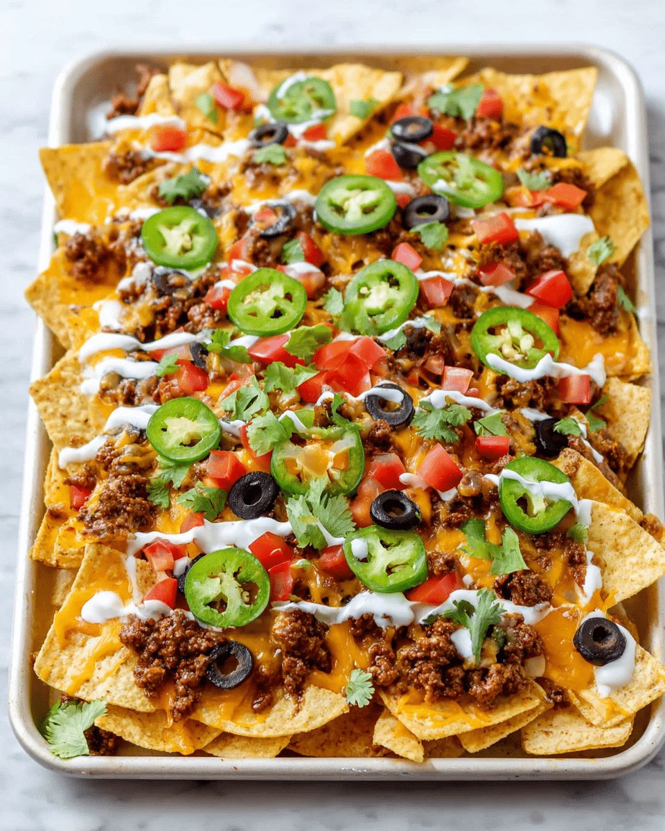 A large tray is full of layers of white corn tortilla chips with melted yellow cheese spread evenly on top; scattered ground beef pieces sit over the cheese, along with black olive slices. Bright red diced tomatoes and fresh green jalapeño slices are spread across the top, finished with light green cilantro leaves and white sour cream drizzled in thin lines over everything. The tray rests on a white marbled surface. photo taken with an iphone --ar 4:5 --v 7