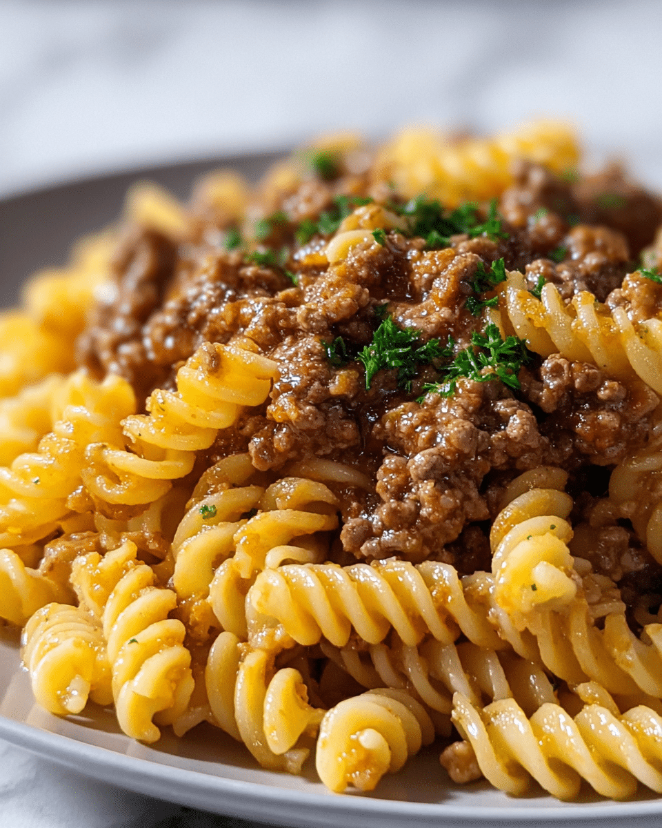 A close-up view of a plate filled with rotini pasta cooked to a shiny yellow color, layered generously with ground beef sauce that has a moist, chunky texture. Small bits of fresh green parsley are sprinkled on top, adding a pop of color against the warm pasta and brown meat. The white plate contrasts softly with the pasta, and the background is a white marbled texture, creating a clean and bright setting. The photo taken with an iphone --ar 4:5 --v 7
