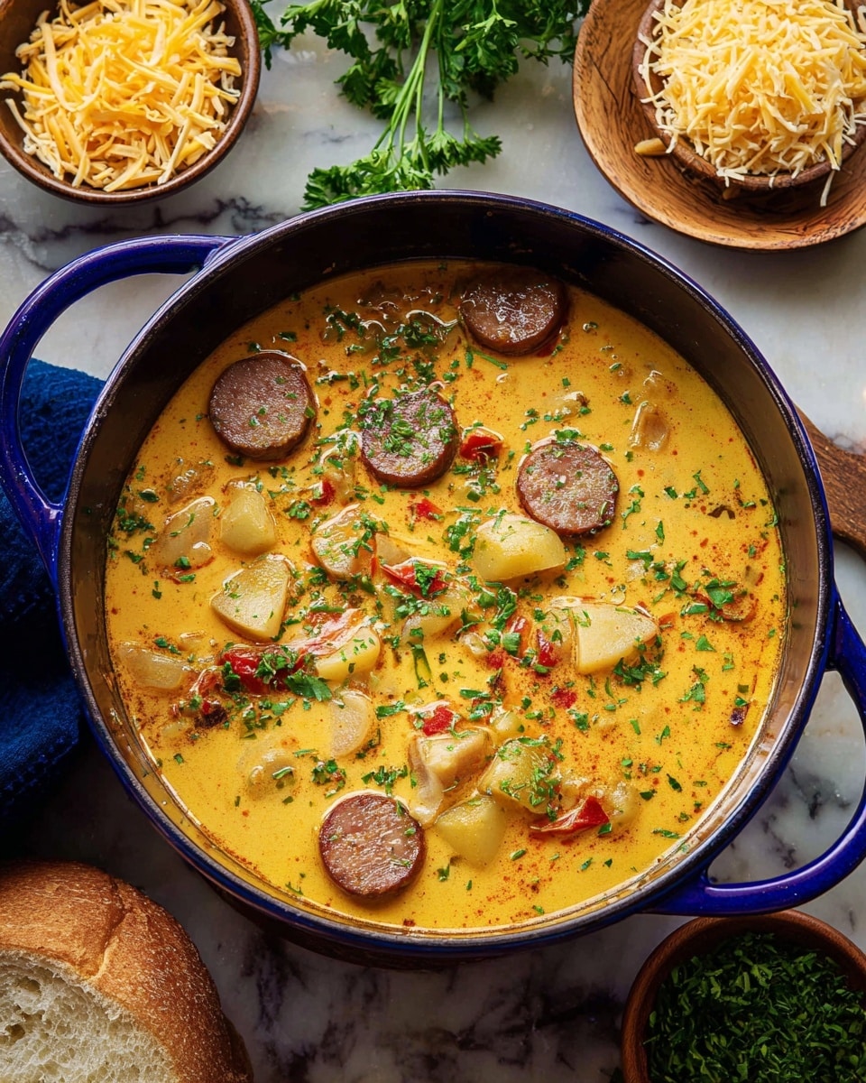 The image shows a large blue pot filled with a creamy yellow soup that has a smooth yet slightly frothy texture. Floating in the soup are thick slices of browned sausage with a slightly crispy edge, along with chunks of pale yellow potatoes. Small pieces of red bell pepper and translucent onion bits are visible, adding color and texture. The soup is garnished with finely chopped green herbs scattered on top. Around the pot, there are bunches of fresh green parsley, a white bowl filled with shredded yellow cheese, a wooden bowl with green herbs, and a round loaf of bread on a wooden board, all placed on a white marbled surface. photo taken with an iphone --ar 4:5 --v 7
