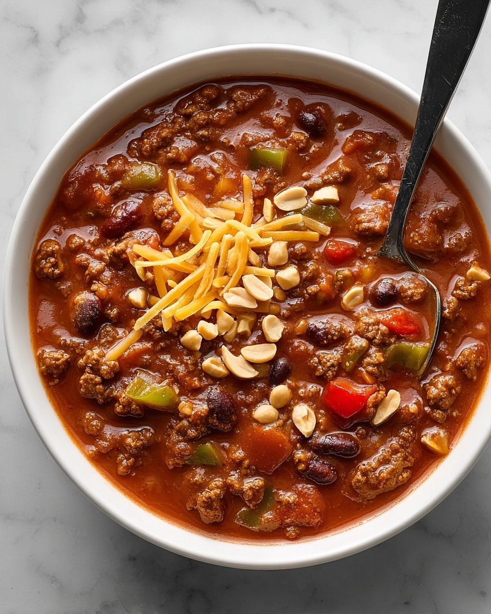 A white bowl filled with thick chili that has a rich red-brown sauce; visible chunks of browned ground meat, diced green and red bell peppers, and tomatoes are evenly mixed in. On top, there is a layer of shredded yellow cheese scattered with roughly chopped light tan peanuts. A silver spoon is placed inside the bowl to the right, and the bowl sits on a white marbled surface. photo taken with an iphone --ar 4:5 --v 7