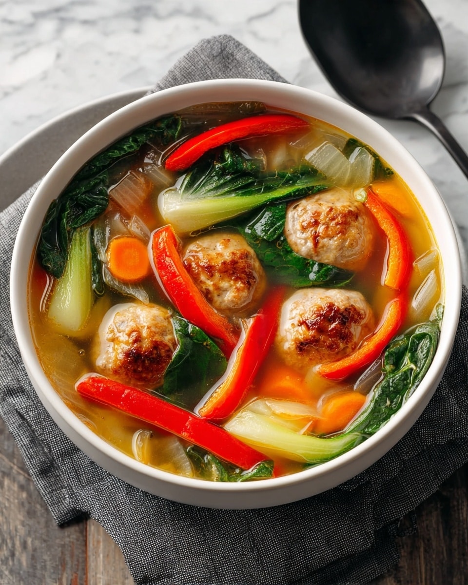 A gray bowl is filled with clear broth soup containing four browned meatballs floating near the top. Bright orange carrot sticks and red bell pepper strips add color among dark green leafy vegetables and lighter green baby bok choy. Thin white onion slices and green beans show through the broth, which has a light golden hue. The bowl rests on a black plate with a black spoon next to it, all set on a white marbled surface with a gray cloth napkin underneath. In the background, a glass of iced tea and another white plate are slightly blurred. Photo taken with an iphone --ar 4:5 --v 7