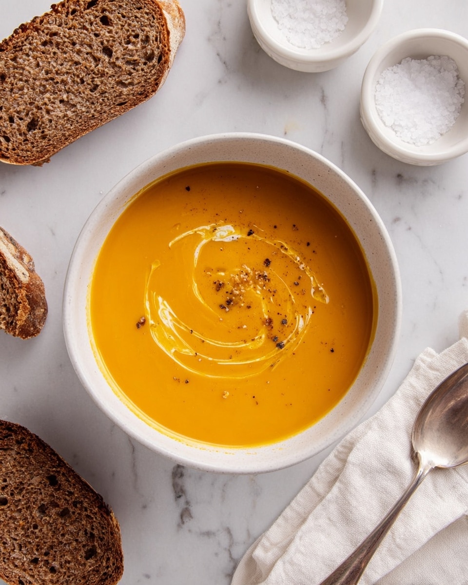 A white bowl filled with smooth orange soup, with a swirl of dark oil and a small sprinkle of black pepper and zest in the center on top. The bowl is placed on a white marbled surface, next to pieces of rustic bread with a browned crust and airy texture. Two small white marble containers, one with salt, are visible nearby, along with a silver spoon resting on a white cloth napkin at the edge of the frame. photo taken with an iphone --ar 4:5 --v 7