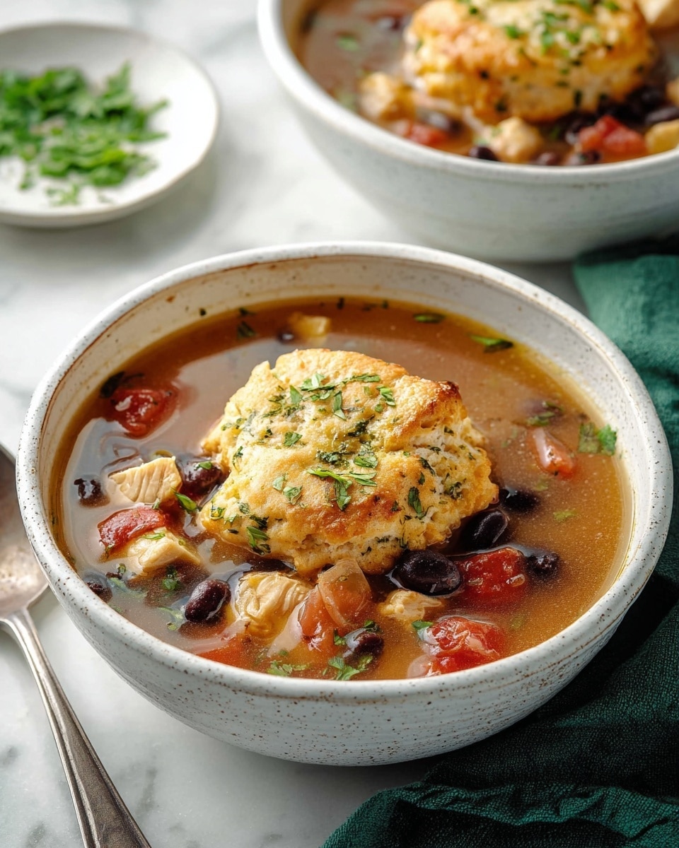 A white speckled bowl filled with light brown broth soup containing chunks of grilled chicken, black beans, and diced red tomatoes. On top in the center, there is a golden-brown biscuit with a soft texture, sprinkled with finely chopped green herbs. The bowl rests on a white marbled surface with a dark green cloth napkin on the right holding a vintage silver spoon. In the blurred background, another similar bowl and a small white dish with chopped green herbs are visible. photo taken with an iphone --ar 4:5 --v 7