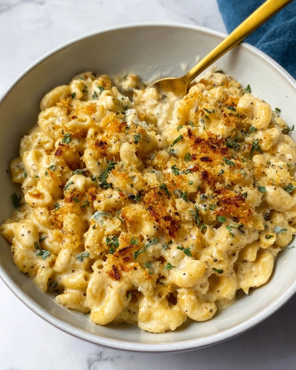 A close-up image of a white bowl filled with macaroni and cheese. The dish shows small elbow macaroni pasta covered in creamy yellow cheese sauce. The top layer has a golden brown crispy texture with some herbs sprinkled over it. A golden spoon is placed inside the bowl, slightly lifting some pasta, held by a woman's hand. The bowl sits on a white marbled surface. Photo taken with an iphone --ar 4:5 --v 7