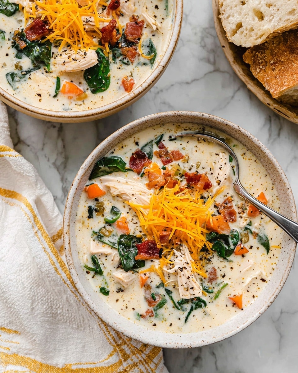 Two white bowls with speckled rims hold creamy chicken soup. The soup has a thick white base with chunks of white chicken meat, orange carrot pieces, green spinach leaves, and small bits of bacon scattered throughout. One bowl has a topping of shredded bright orange cheddar cheese and cracked black pepper. A silver spoon is placed in the front bowl, and pieces of crusty bread rest beside it. A striped yellow and white cloth lies under the bowls on a white marbled textured surface. Photo taken with an iphone --ar 4:5 --v 7