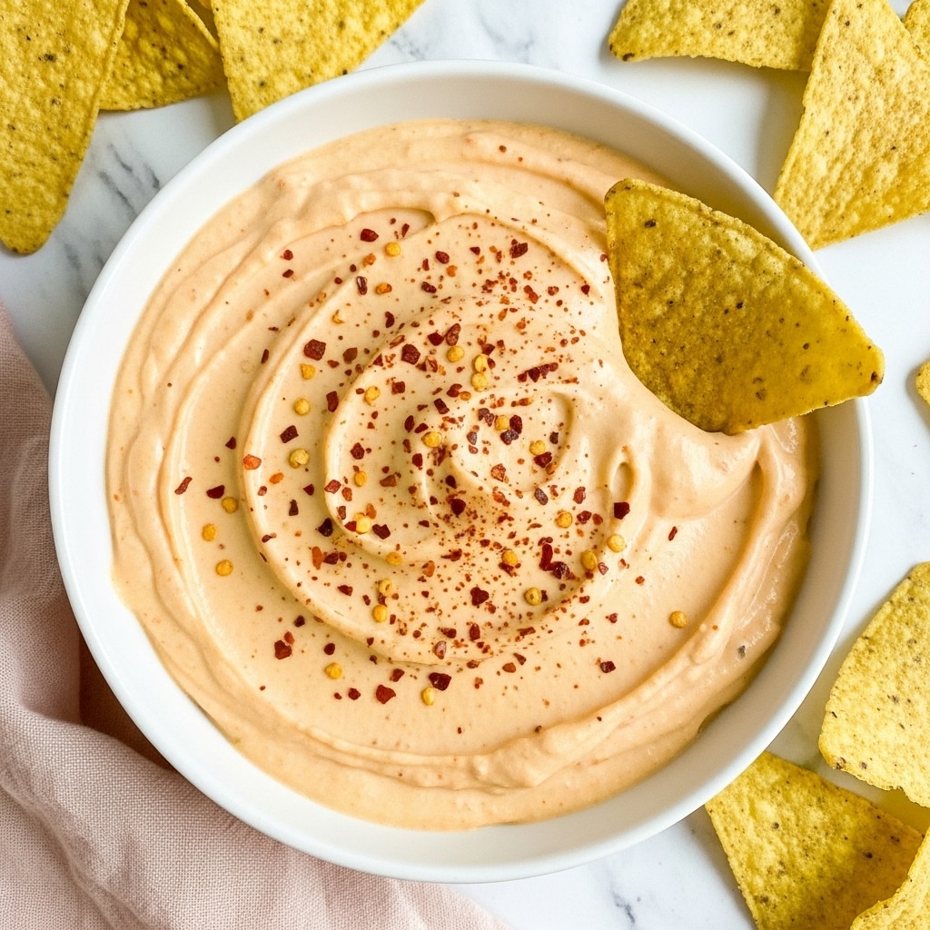 A white bowl filled with creamy, light orange dip that has a smooth and slightly swirled texture, topped with small red spice flakes scattered evenly across the surface. One yellow corn chip speckled with green herbs is dipped into the right side of the bowl, partially submerged. The bowl is placed on a light pink cloth with a few yellow corn chips around it, all set on a white marbled surface. photo taken with an iphone --ar 4:5 --v 7