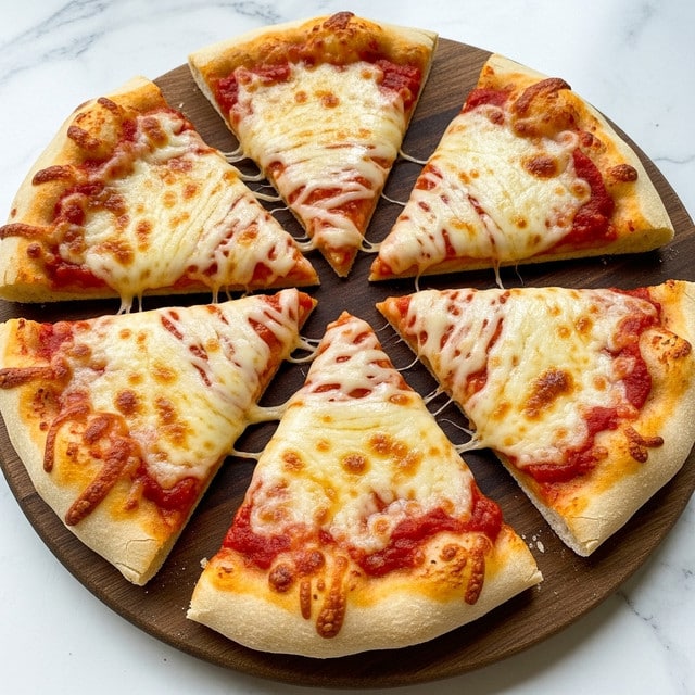 A round pizza cut into six slices is shown on a wooden board. The pizza has a thick, light golden crust. The top layer is melted cheese with small browned spots evenly spread, covering a bright red tomato sauce underneath. The texture of the cheese looks bubbly and gooey, while the sauce peeks through in some areas near the edges. The board sits on a white marbled surface with a block of cheese blurred in the background. Photo taken with an iphone --ar 4:5 --v 7