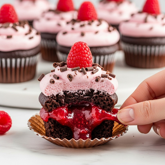 A dark chocolate cupcake with a white ridged paper liner, topped with light pink whipped frosting that is smooth and fluffy. On top of the frosting, there are small pieces of dark chocolate shavings, adding texture and color contrast. The cupcake is cut open in the center, showing a bright red raspberry filling inside that looks juicy and thick. Around the cupcake, there are fresh raspberries scattered on a white marbled surface, enhancing the sweet and fresh look of the scene. In the background, more cupcakes with the same pink frosting and raspberries on top are placed slightly out of focus. Photo taken with an iphone --ar 4:5 --v 7