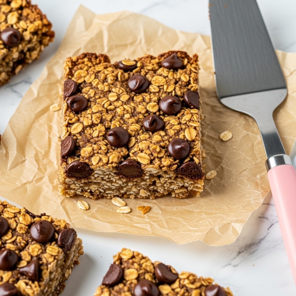 The image shows a square oat bar resting on crinkled brown parchment paper placed on a white marbled surface. The bar has a rough texture with visible oats forming the base layer, light tan in color. Scattered on top are dark brown chocolate chips, some slightly melted, adding a glossy contrast to the matte oats. Around the oat bar are parts of other similar bars, and a metal spreader with a pale pink handle lies next to the main bar, smeared with chocolate. The lighting highlights the details of the oats and chocolate clearly. photo taken with an iphone --ar 4:5 --v 7