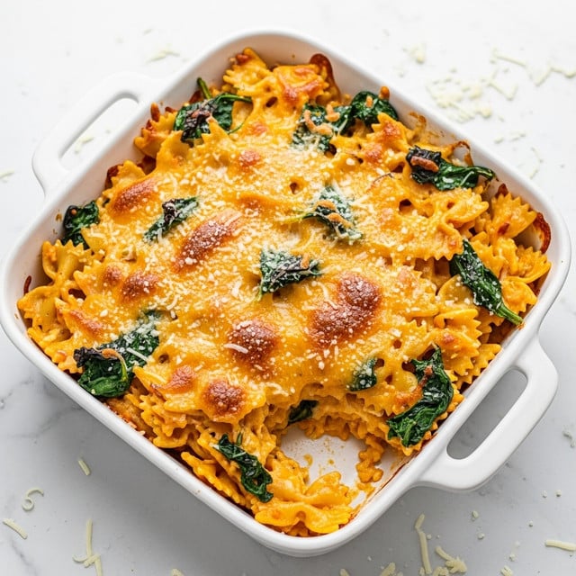 The dish is a baked pasta casserole in a white rectangular baking dish. The top layer shows golden-brown bowtie pasta mixed with melted cheese that has light browned spots and a slightly crispy texture along the edges. There are visible dark green spinach leaves scattered throughout the pasta, adding contrast to the yellow-orange pasta and cheese. The surface is sprinkled evenly with white grated cheese, giving a slightly grainy texture on top. The edges of the pasta near the baking dish have a more toasted look with some crispy bits. The dish sits on a white marbled surface. photo taken with an iphone --ar 4:5 --v 7