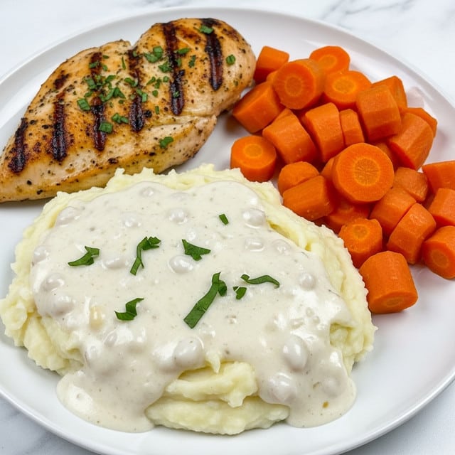 The image shows a white plate on a white marbled surface filled with three main parts: on the left, there is a creamy mashed potato layer textured with small lumps and covered by a thick layer of light beige sausage gravy speckled with pieces of sausage and green herbs; in the top center, two golden-brown grilled chicken breasts lay partially covered by the same sausage gravy with visible grill marks and sprinkled with chopped green herbs; on the right side, there is a neat stack of bright orange cooked carrot chunks, sprinkled lightly with green herbs. Photo taken with an iphone --ar 4:5 --v 7
