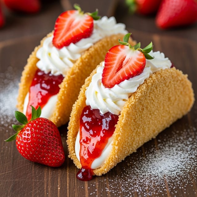 Two dessert tacos are shown on a dark wooden board. Each taco shell is crumb-coated with a golden-brown, crunchy texture. Inside the shell, there is a thick layer of white cream, topped with a shiny, red strawberry jam that drips slightly over the edges. Above the jam, there is a swirl of white whipped cream with a fresh red strawberry half, complete with green leaves, placed on top. A whole strawberry sits beside the tacos, and powdered sugar is lightly sprinkled on the board. The background is blurred with red strawberries visible. photo taken with an iphone --ar 4:5 --v 7