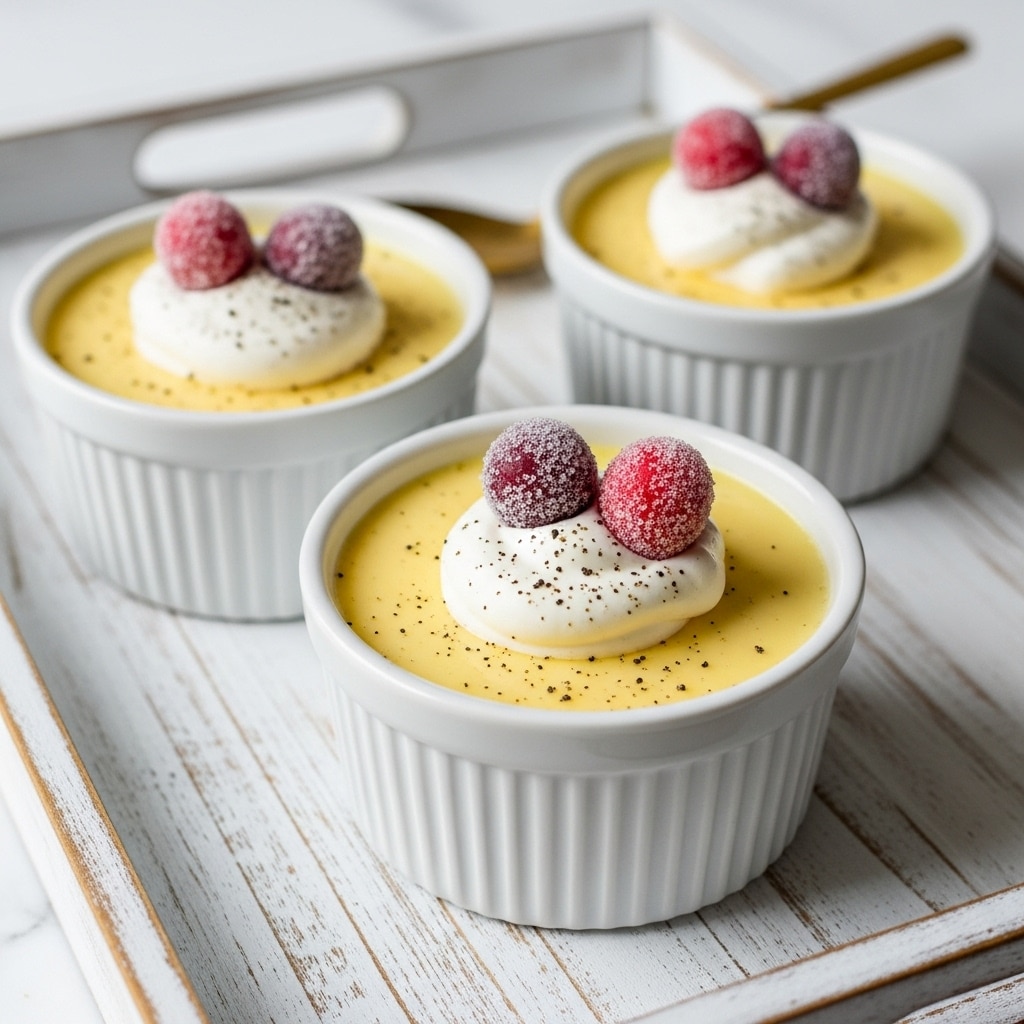 Three white ramekins sit on a white marbled wooden tray with a rustic look. Each ramekin is filled with smooth yellow custard that appears thick and creamy. On top of each custard is a small dollop of white whipped cream, sprinkled with a little black speckling, likely vanilla or spice. Two sugared cranberries rest on the whipped cream in each ramekin, adding a frosted red accent. A golden spoon is partially visible near the back ramekin, adding a touch of shine. Photo taken with an iphone --ar 4:5 --v 7