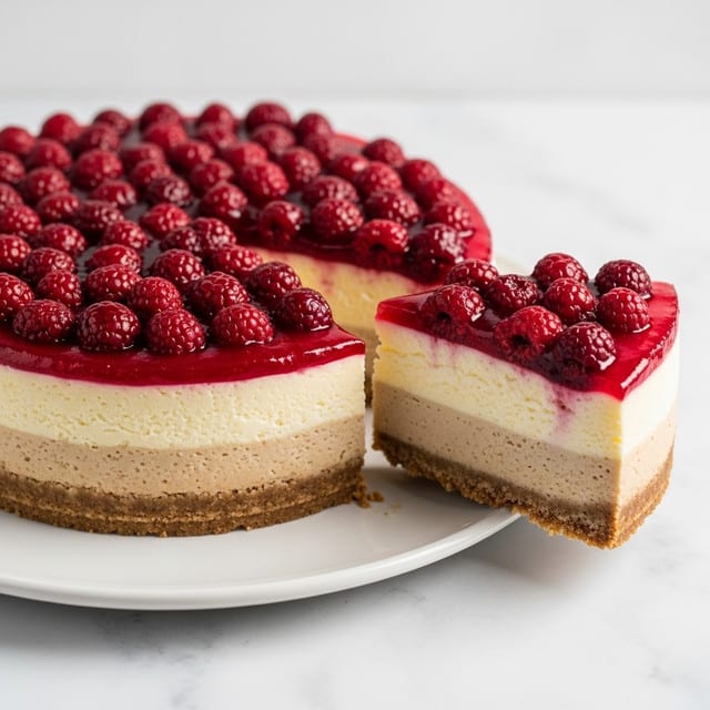 The image shows a round cheesecake placed on a white plate with three visible layers: a light brown crumbly base, a thick creamy pale yellow middle layer, and a shiny deep red fruit topping with whole berries spread evenly over the top. A single slice is cut and slightly pulled out, showing the same three layers clearly from the side. The cheesecake sits on a white marbled surface. photo taken with an iphone --ar 4:5 --v 7