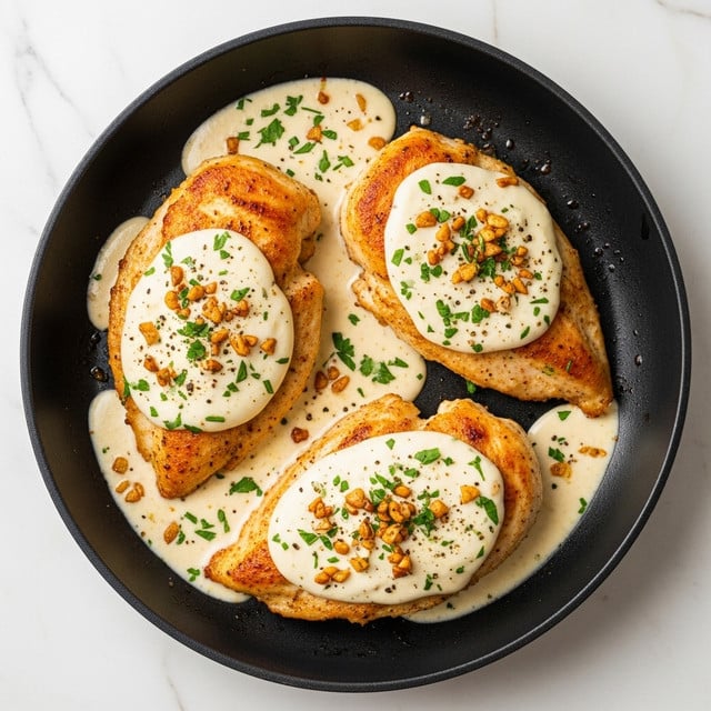 Three pieces of golden brown cooked chicken breasts are laid in a round black pan, each topped with a smooth layer of melted creamy white sauce, sprinkled with small bits of browned garlic and finely chopped green herbs. The chicken texture shows a crispy, slightly rough surface peeking around the sauce, giving a contrast of colors and textures. Around the chicken, there is a light pool of the same creamy sauce with hints of seasoning. The background is a white marbled surface. photo taken with an iphone --ar 4:5 --v 7