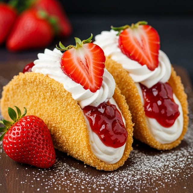 Two small taco-shaped desserts stand side by side on a white marbled surface, each made of a crispy golden shell coated in fine crumbs. Inside, there is a layer of smooth white cream topped with a thick, glossy red strawberry jam that drips slightly over the edges. On top of the cream and jam sits a swirl of white whipped cream, crowned with a fresh red strawberry half with green leaves. There is a whole strawberry with green leaves lying near the tacos on the surface. The background is slightly blurred with hints of more strawberries. photo taken with an iphone --ar 4:5 --v 7