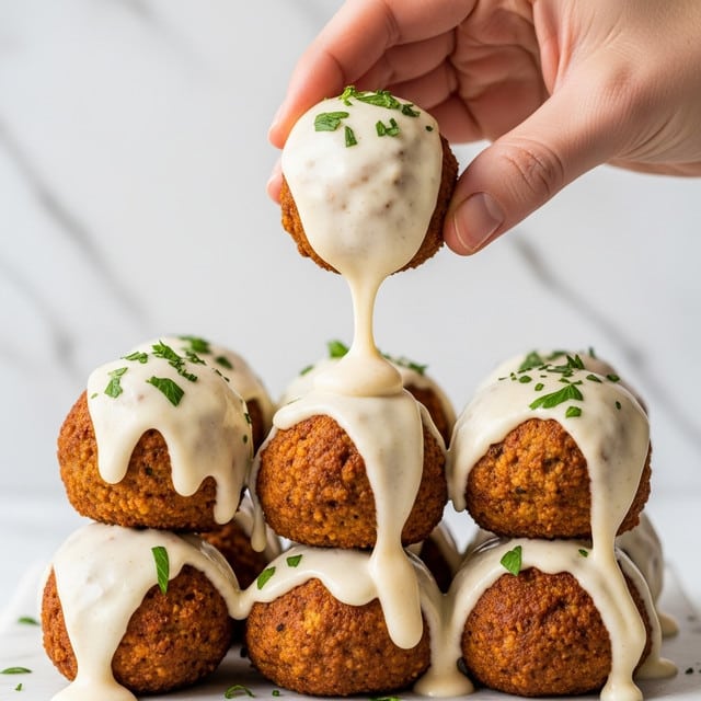 The image shows several crispy, dark golden-brown meatballs stacked closely together, with rich, creamy beige sauce being poured over the top, slowly dripping down the sides. The meatballs have a textured, browned surface with visible herbs sprinkled on them, adding tiny green spots. The sauce is smooth and thick, covering the upper part of the meatballs and pooling slightly near the base. The background is a white marbled surface, highlighting the colors and textures of the meatballs and sauce. photo taken with an iphone --ar 4:5 --v 7