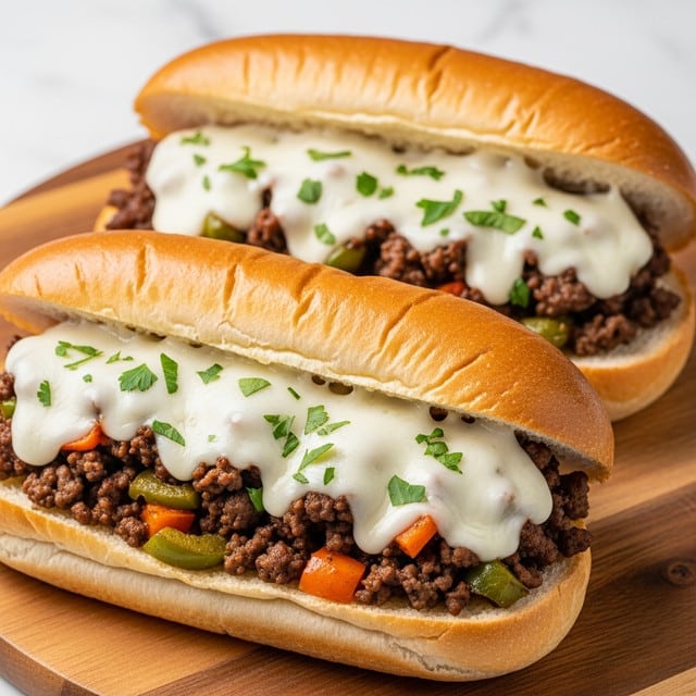 Two sandwiches sit on a round wooden board against a white marbled surface. Each sandwich features a soft, golden brown hoagie roll sliced open, revealing a filling of cooked ground beef mixed with green and orange bell pepper pieces. The meat is topped with a layer of melted white cheese that stretches slightly over the edges. Small bits of fresh green parsley are scattered on top of the filling, adding a touch of color. The sandwiches look warm and juicy with a soft texture on the inside bread and a light crispness on the outside. photo taken with an iphone --ar 4:5 --v 7