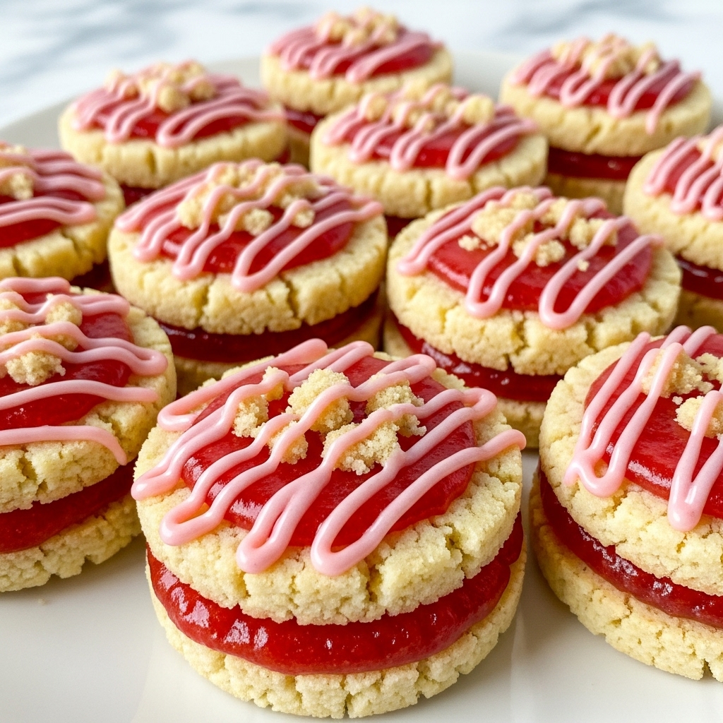 The image shows several round cookies arranged closely together on a white plate, placed on a white marbled surface. Each cookie has three distinct layers: a crunchy, light golden brown base, a glossy and smooth pink-red jelly layer in the center, and a drizzle of thick, shiny pink icing spread evenly over the jelly in diagonal lines. Crumbled bits of cookie topping are scattered lightly on top of the jelly and icing. The focus is on the cookie in the front, showing detailed texture and shine, with the other cookies softly blurred in the background. photo taken with an iphone --ar 4:5 --v 7