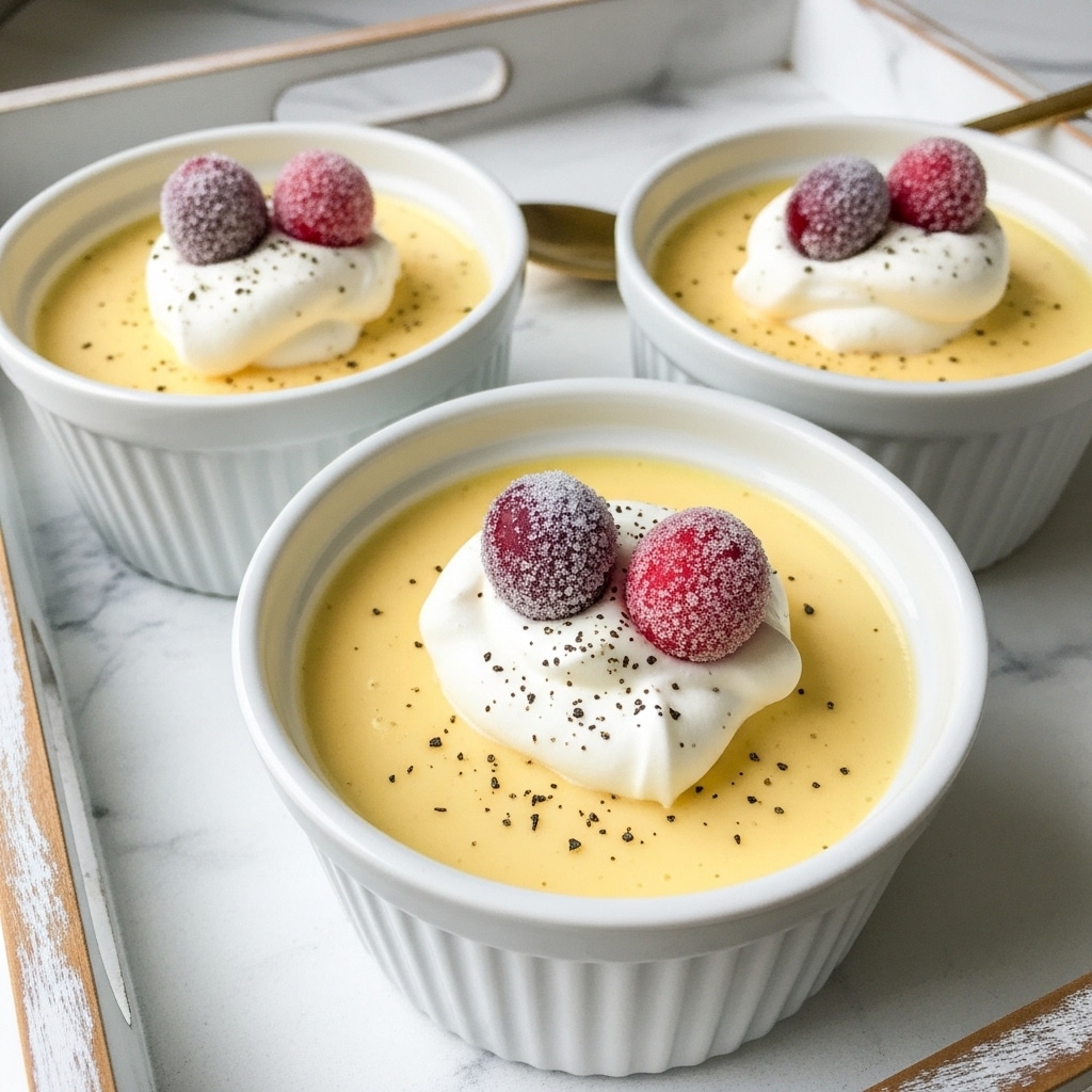 Three white ramekins filled with smooth, pale yellow pudding are placed on a white marbled wooden tray. Each ramekin is topped with a small dollop of white whipped cream, lightly sprinkled with fine brown specks, and two frosted red cranberries resting on the cream. The pudding surface is slightly textured but mostly even. The tray holds a silver spoon on the side, and the background is a white marbled texture. photo taken with an iphone --ar 4:5 --v 7